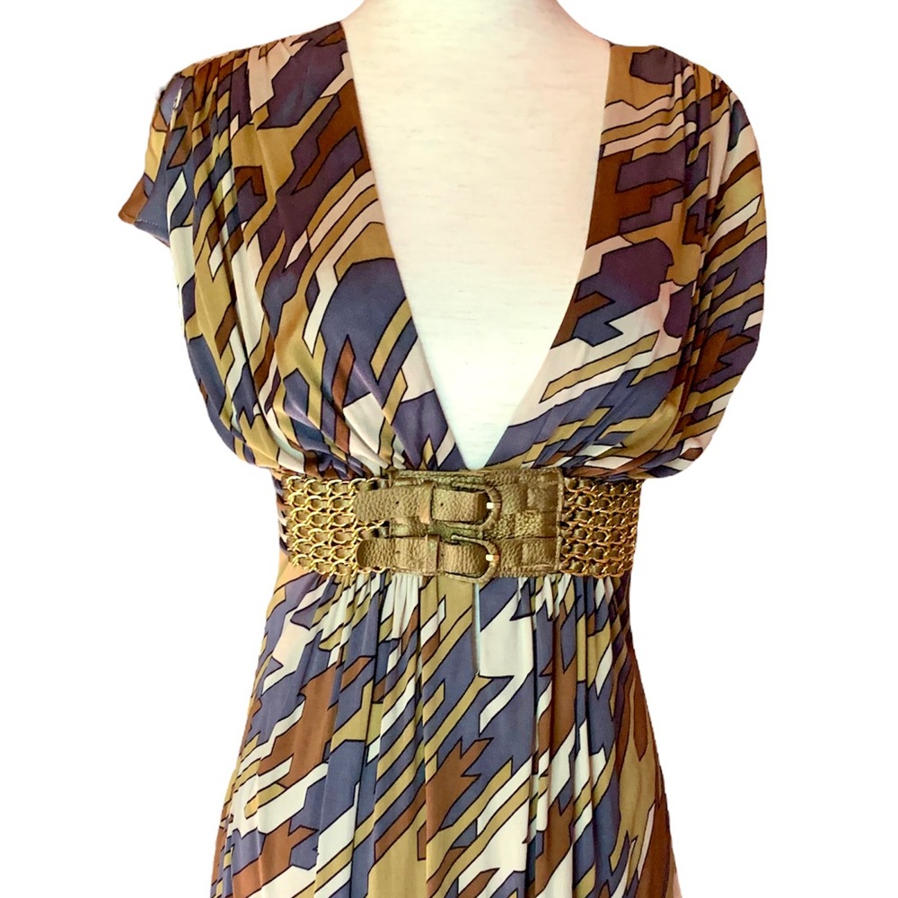 SKY ❌SOLD❌BRAND TOP GEOMETRIC 100% SILK LEATHER COUTURE CHAIN BELT SZ SMALL USA.